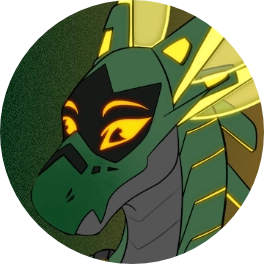 A dragon head with green scales, brown hair, white horns and beige lower jaw, smiling while looking into your eyes.